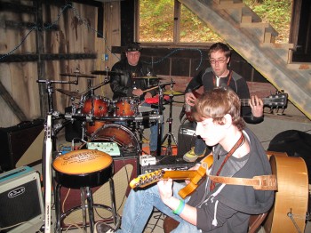 Gretsch drummer Jason Woodring with Steve Harms on Bass and Dylan Taylor on guitar